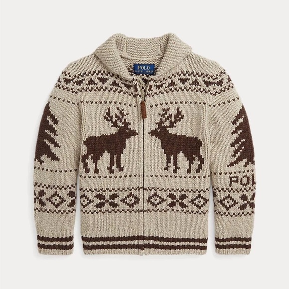 Polo Ralph Lauren Beige and Brown Sweater Reindeer Wool-Blend Full-Zip Jumper - Picture 1 of 8
